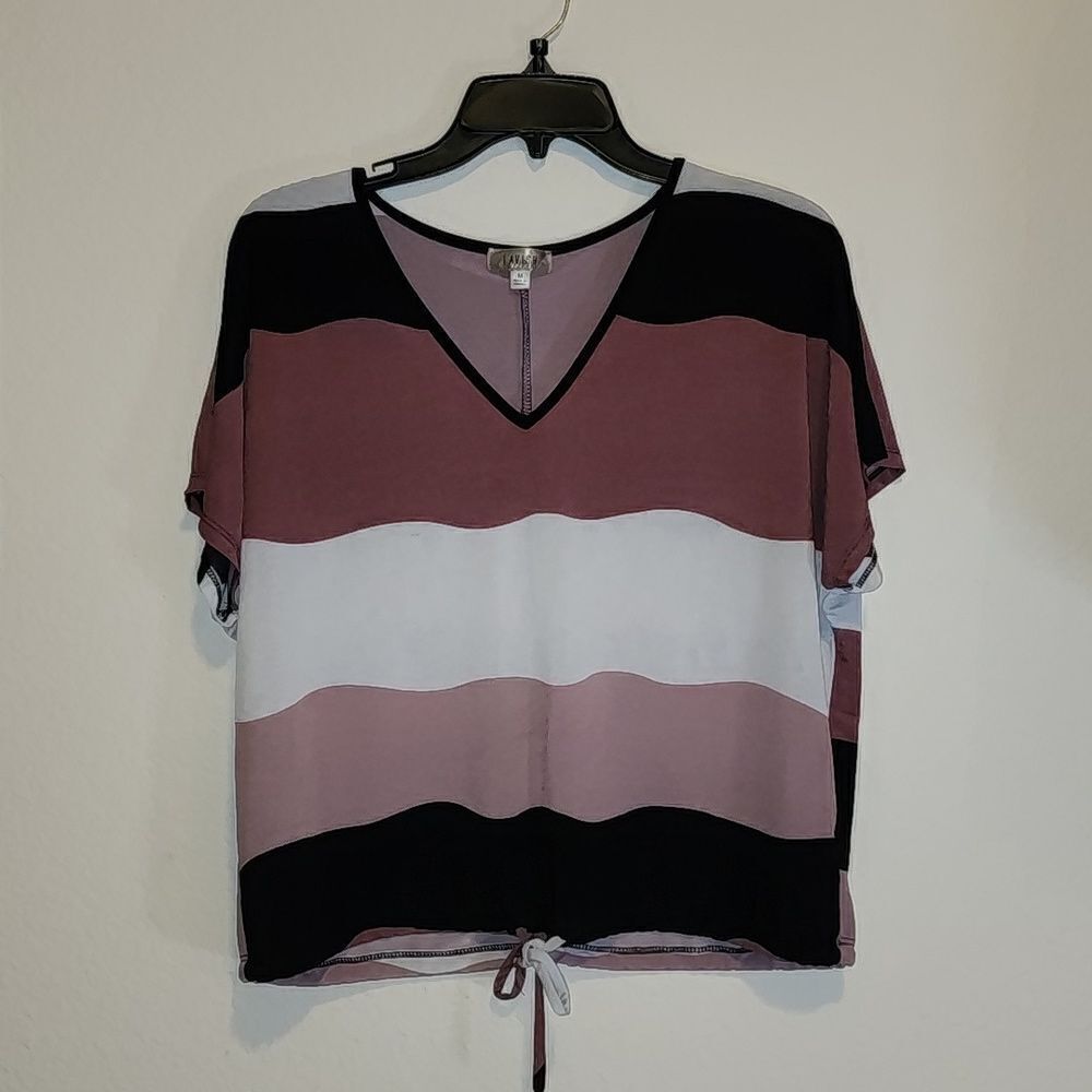 Lavish Black and Light Burgandy Thick Striped Blouse Women’s Med.